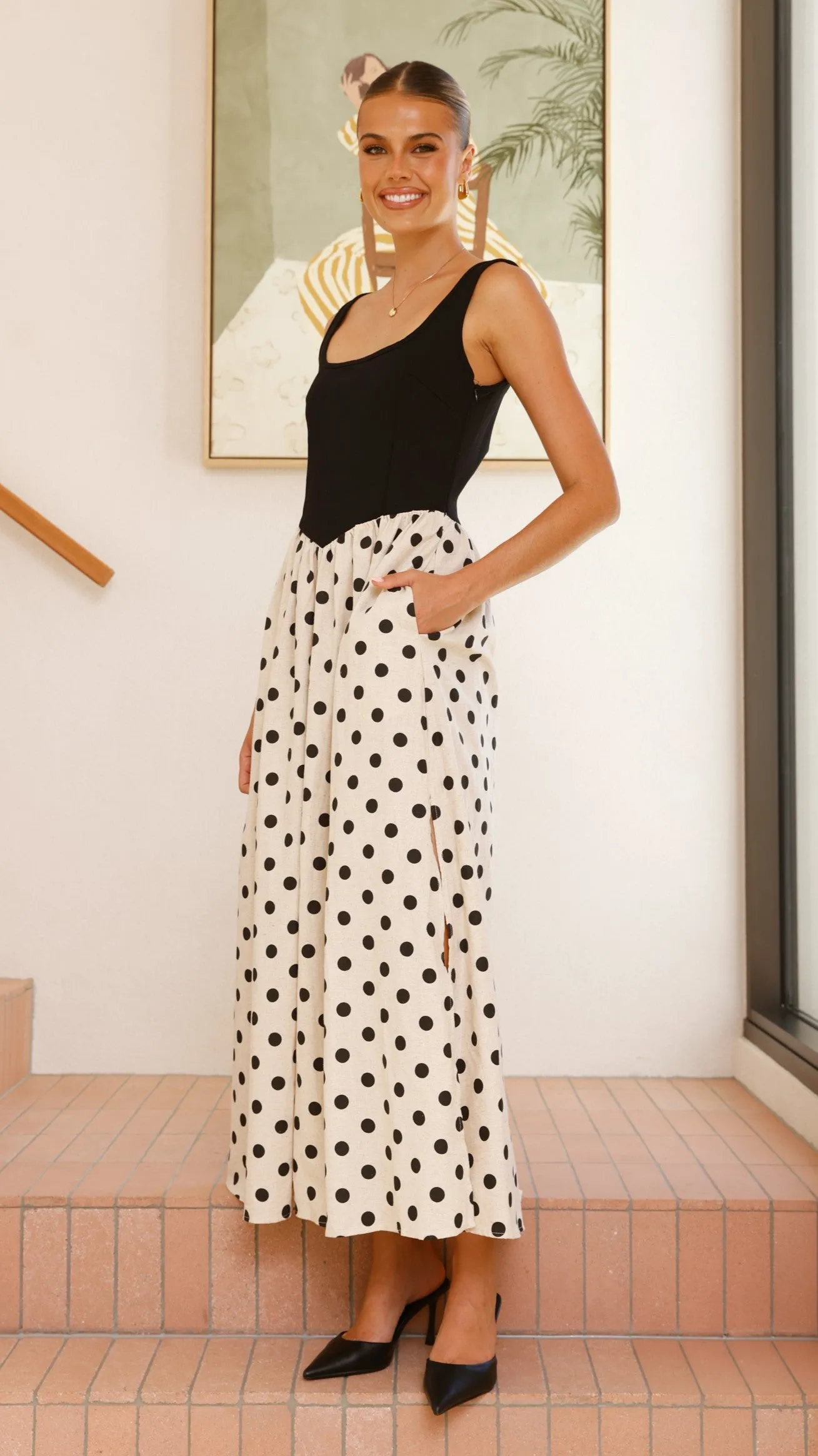 Shell Beach french chic Leoni Maxi Dress - Oat/Black Spot
