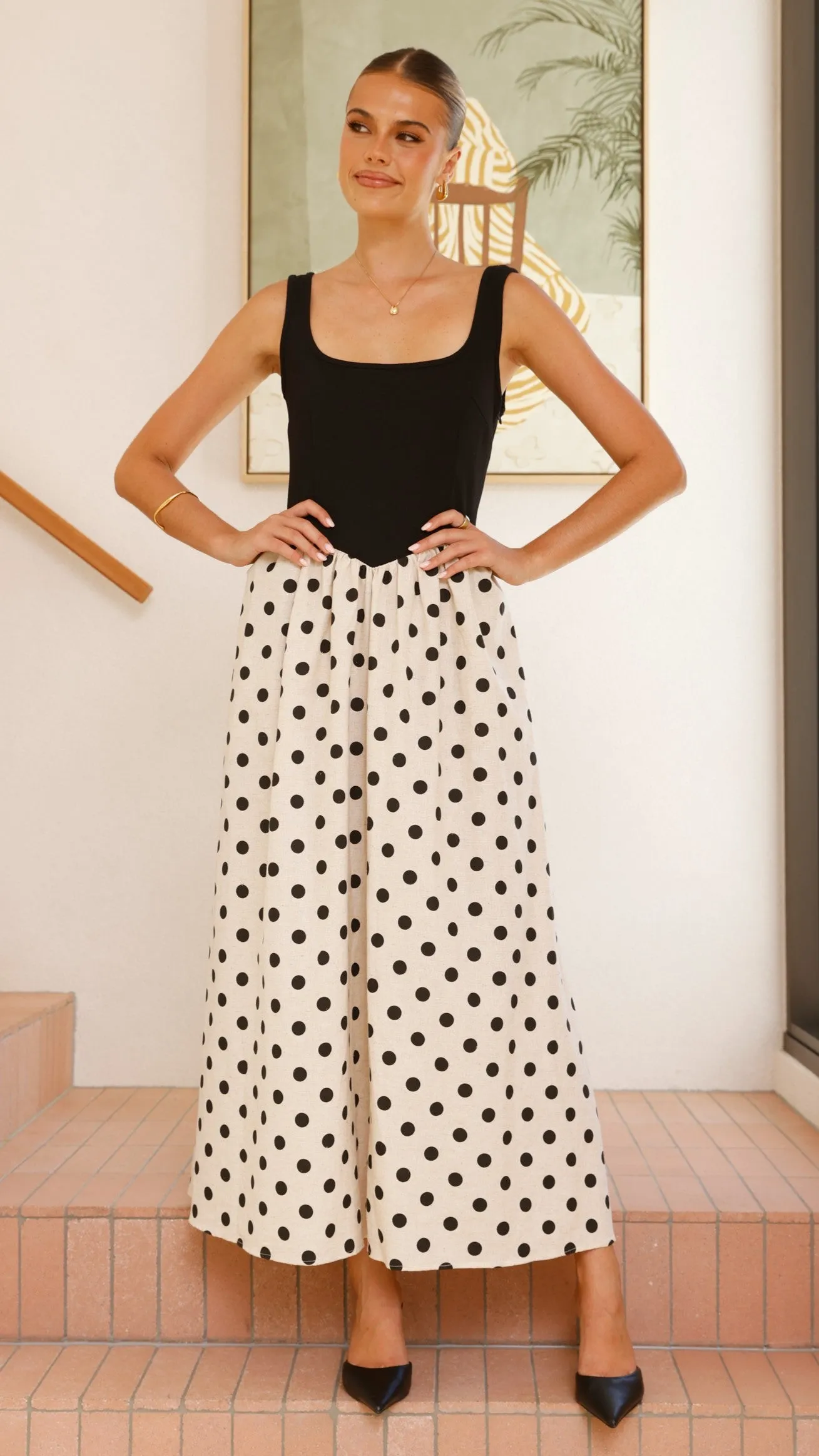 Shell Beach Leoni Maxi Dress - Oat/Black Spot