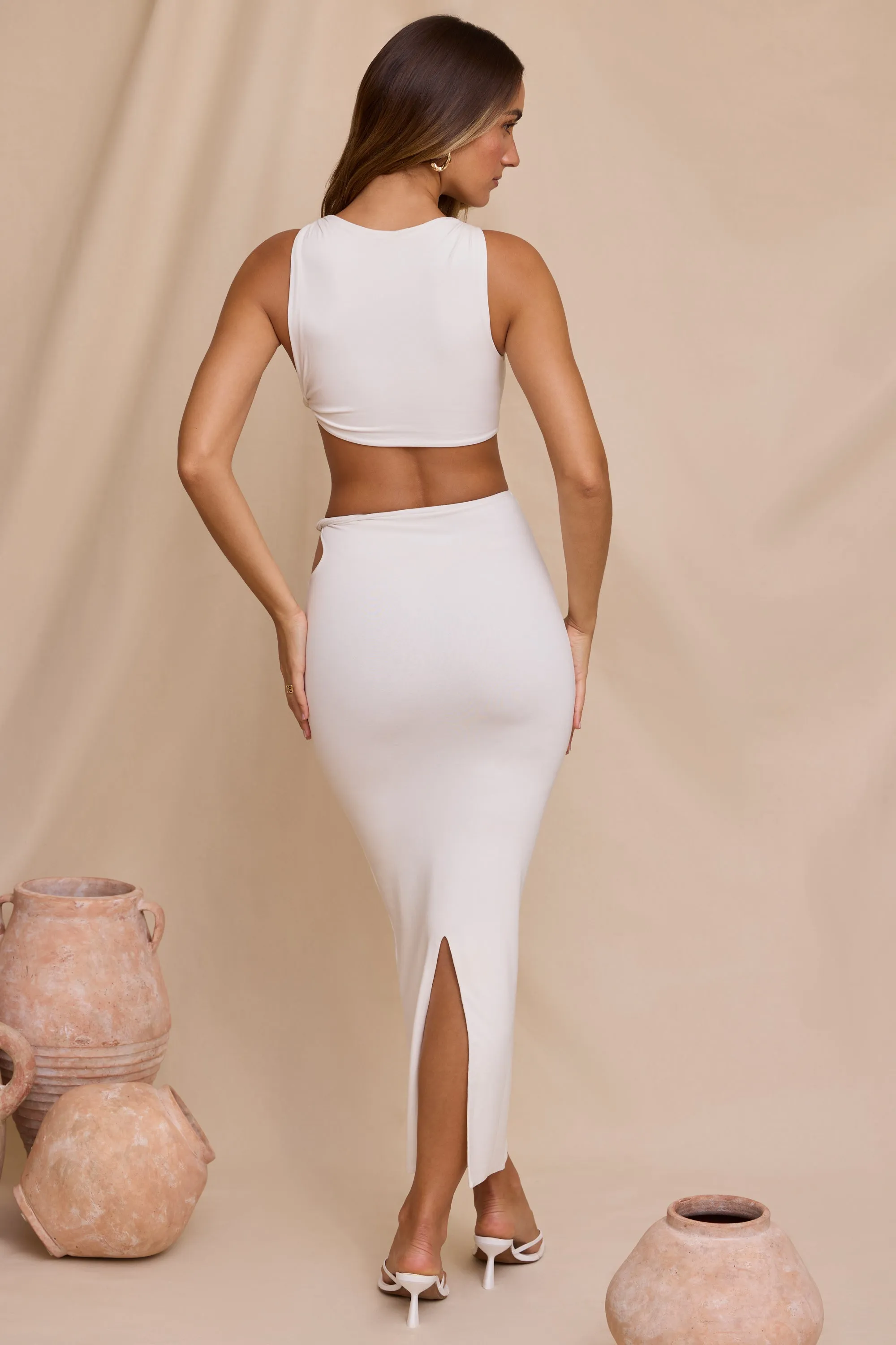 Mid Rise Twist Maxi Skirt in White Elastic hemline