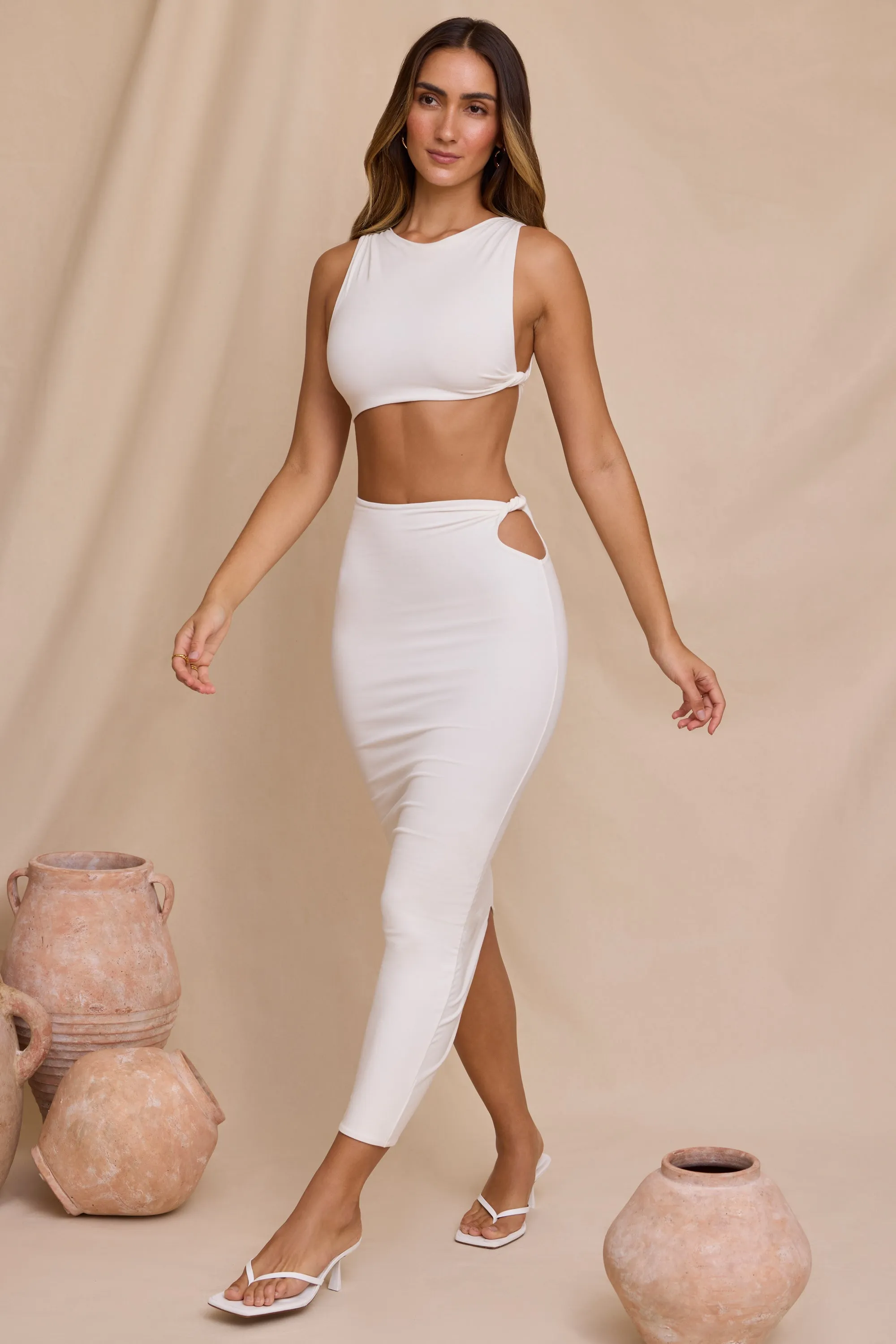 Mid Rise Twist Maxi Skirt in White Functional Fashion Slow Fashion