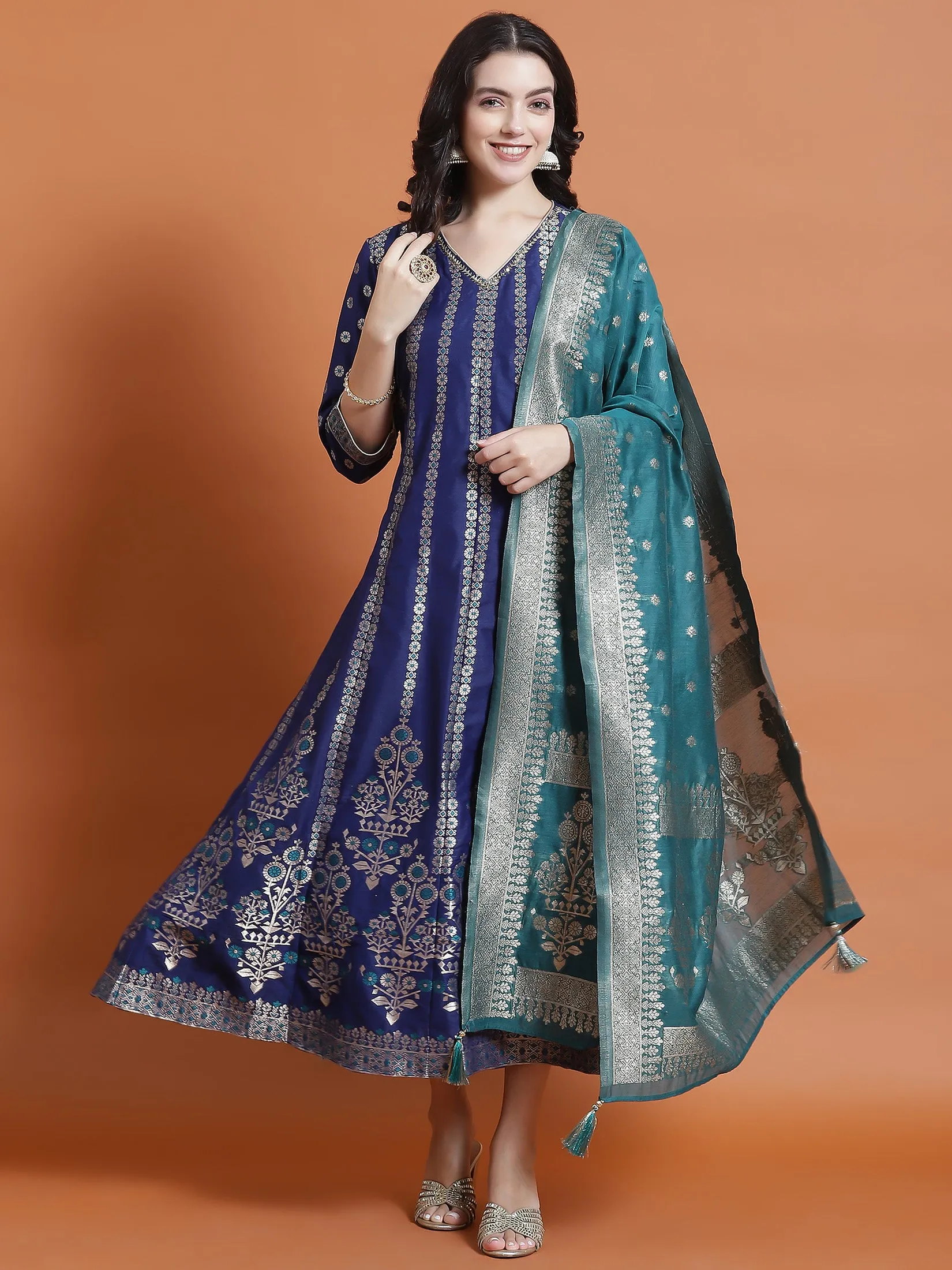 Women Blue Printed Dress With Dupatta Relaxed Style
