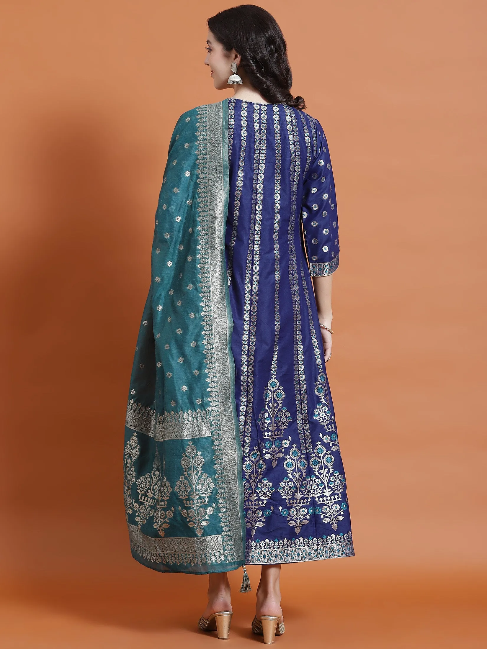 Women Blue Printed Dress With Dupatta AntiStatic Cloth SoftTouchFinish