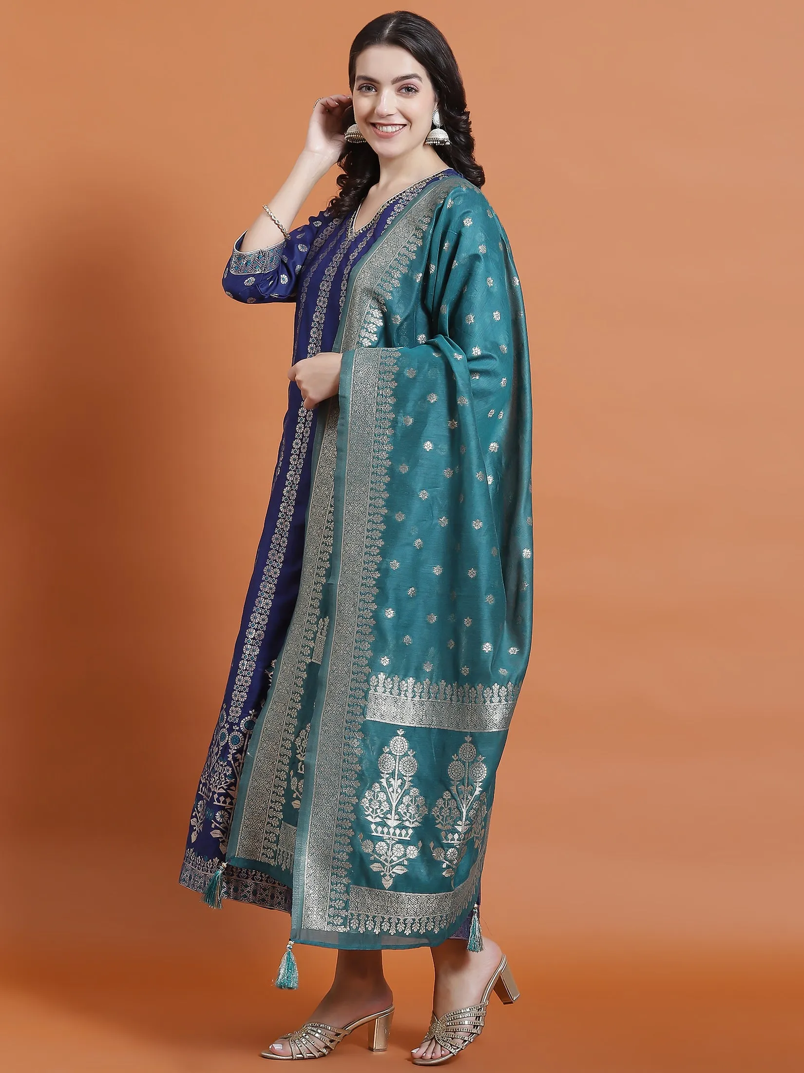 Denim Cool Women Blue Printed Dress With Dupatta