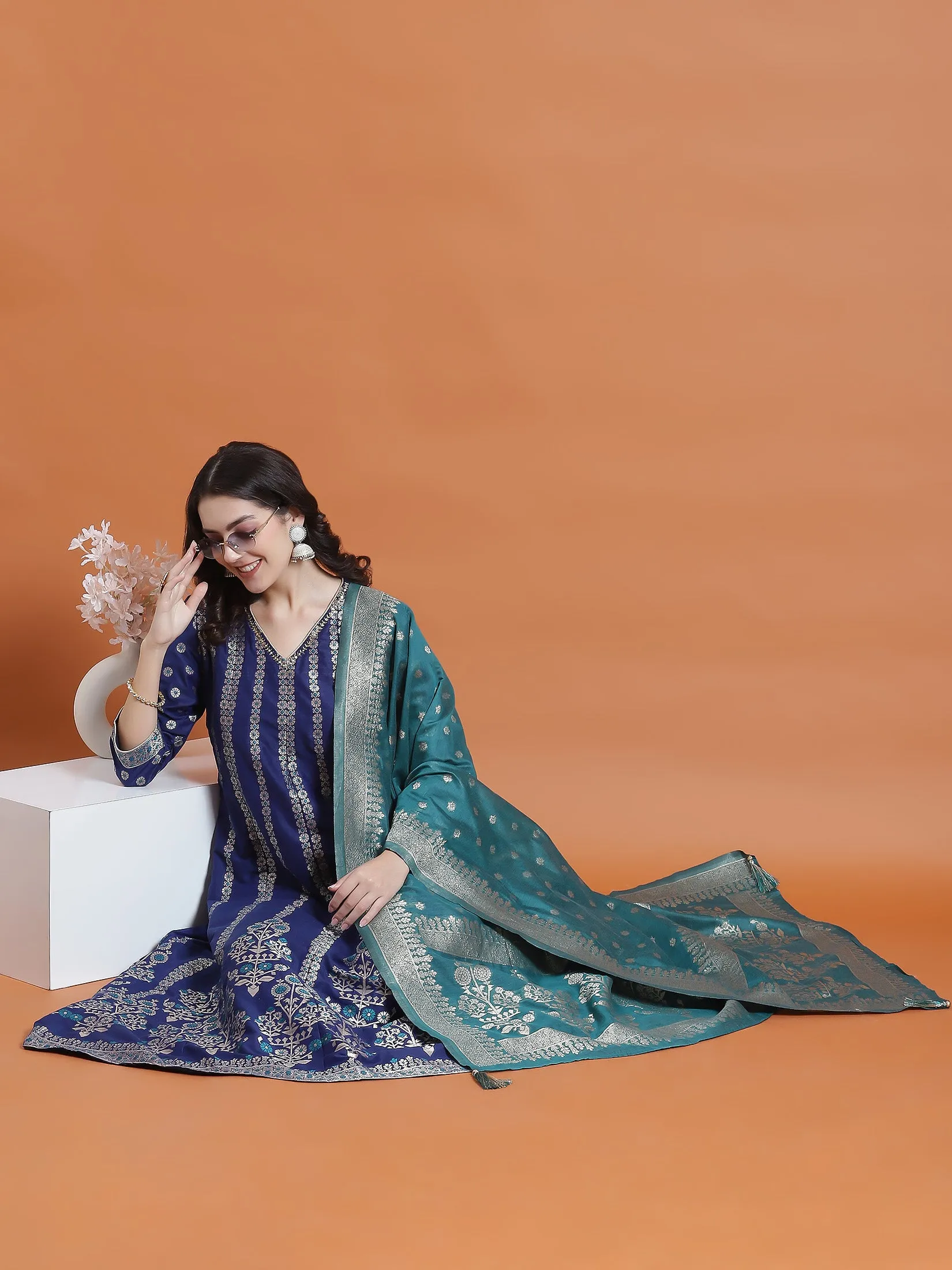 Lounge Wear Women Blue Printed Dress With Dupatta