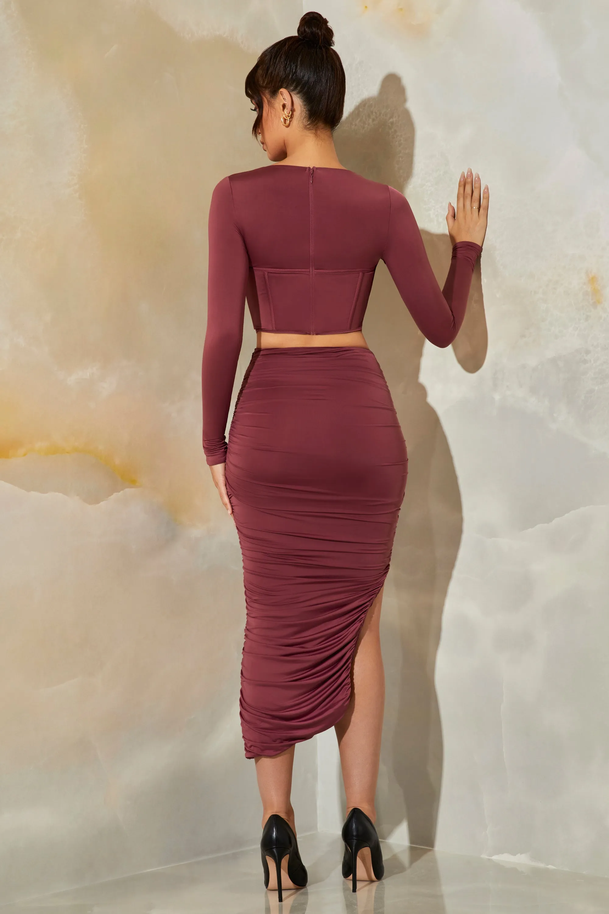 Non Slip Waist Ruched Maxi Skirt in Dark Mauve