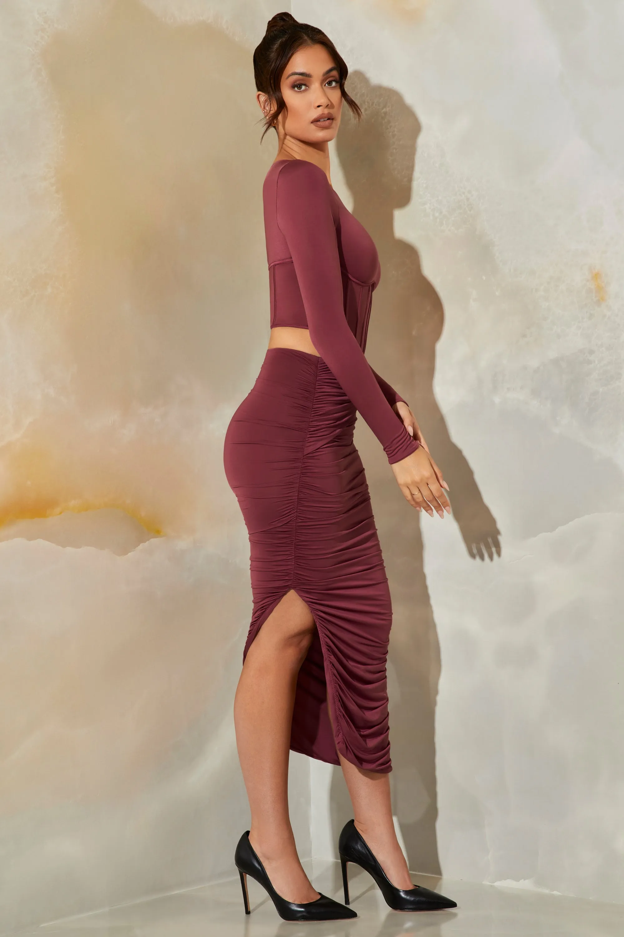 Ruched Maxi Skirt in Dark Mauve Design innovation