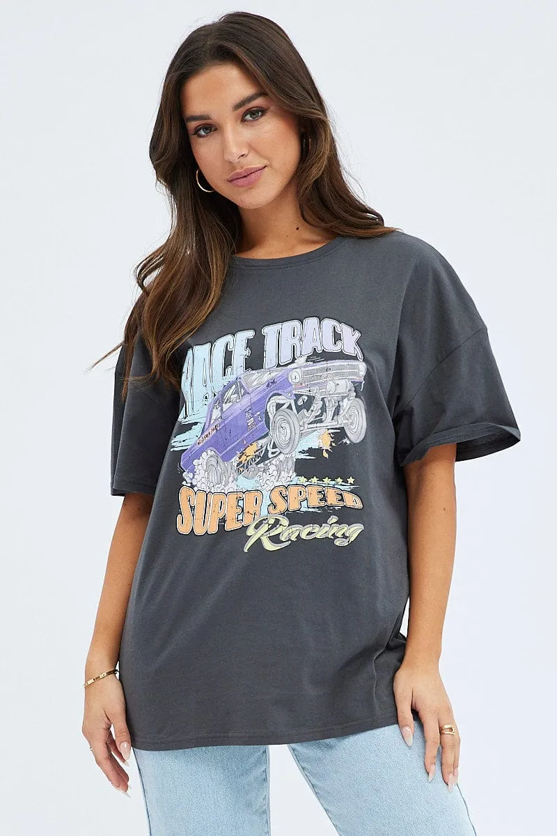 Longline Hemline Grey Graphic Tee Short Sleeve Round Neck Print Jersey