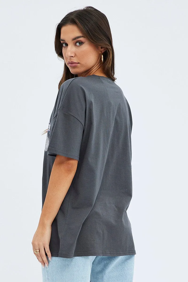Grey Graphic Tee Short Sleeve Round Neck Print Jersey Heather Texture Finish regular but not boring