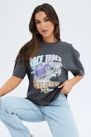 Grey Graphic Tee Short Sleeve Round Neck Print Jersey light layering