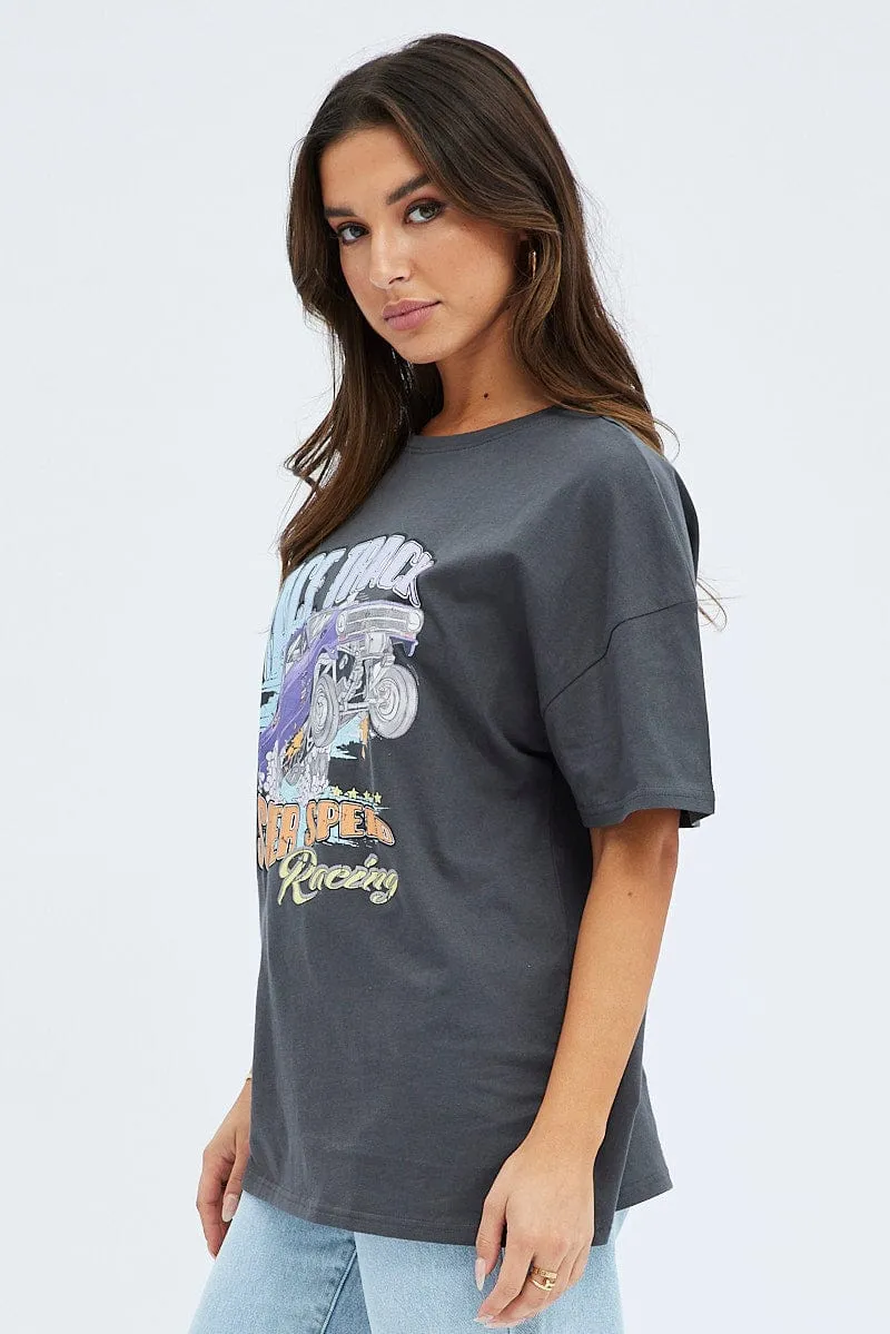 Grey Graphic Tee Short Sleeve Round Neck Print Jersey Low Impact Processing