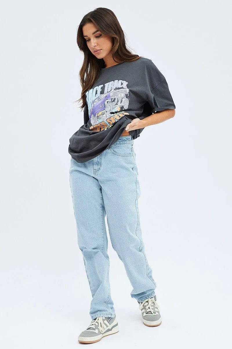 Grey Graphic Tee Short Sleeve Round Neck Print Jersey Casual Essentials Wear Machine washable