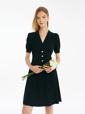 Tencel-Acetate Blend V-Neck Gathered Waist Women Mini Dress All Day Wear