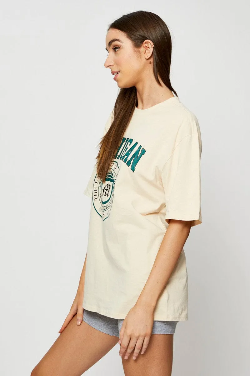 in demand Low Environmental Impact Beige Graphic T Shirt Short Sleeve