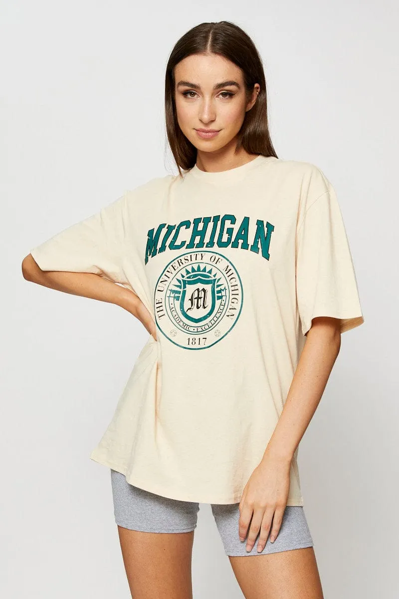 Everyday Style Solid color purity Beige Graphic T Shirt Short Sleeve