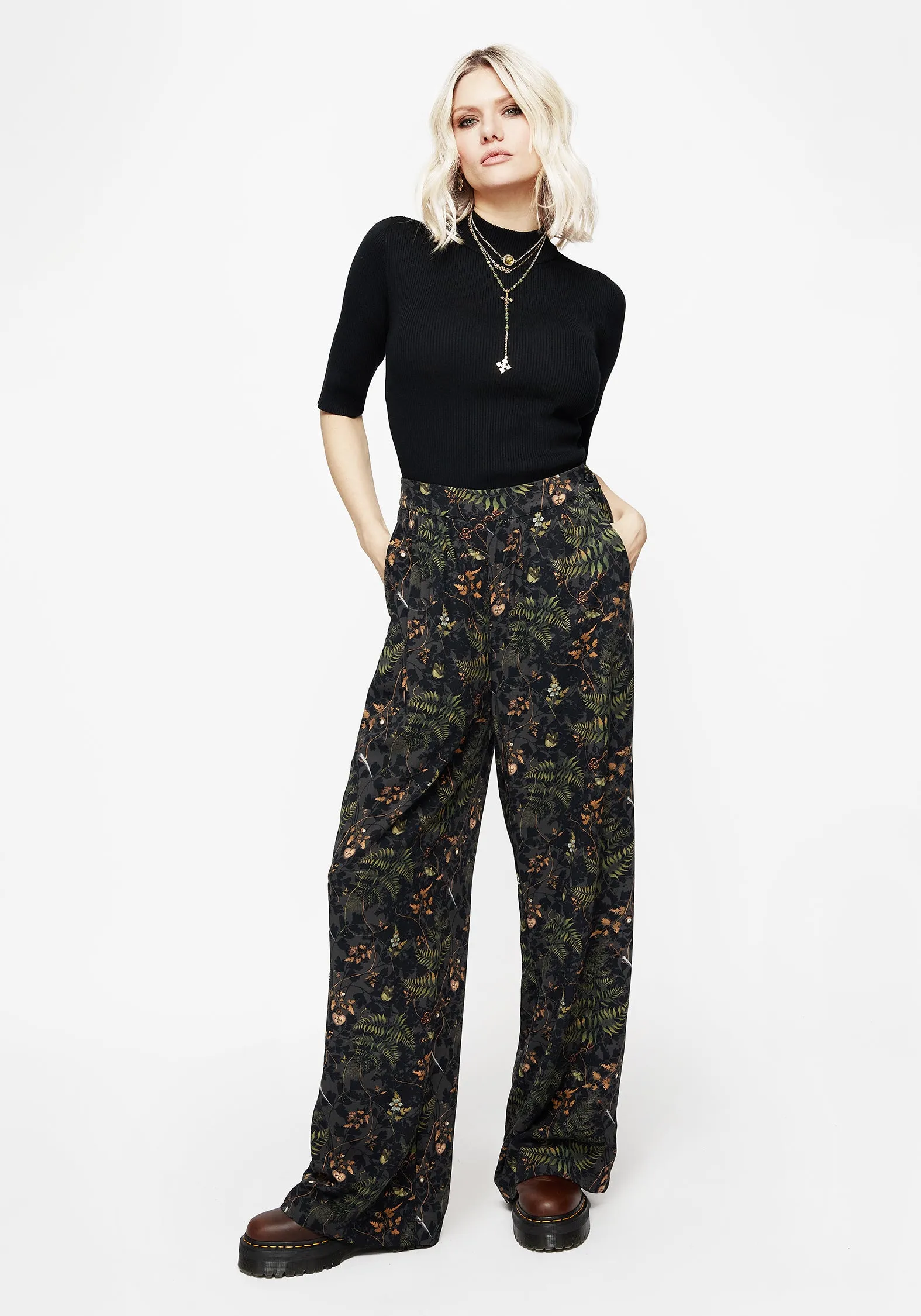 Wither Fern Print Wide Leg Trousers Durable Activewear Contoured Panel Design