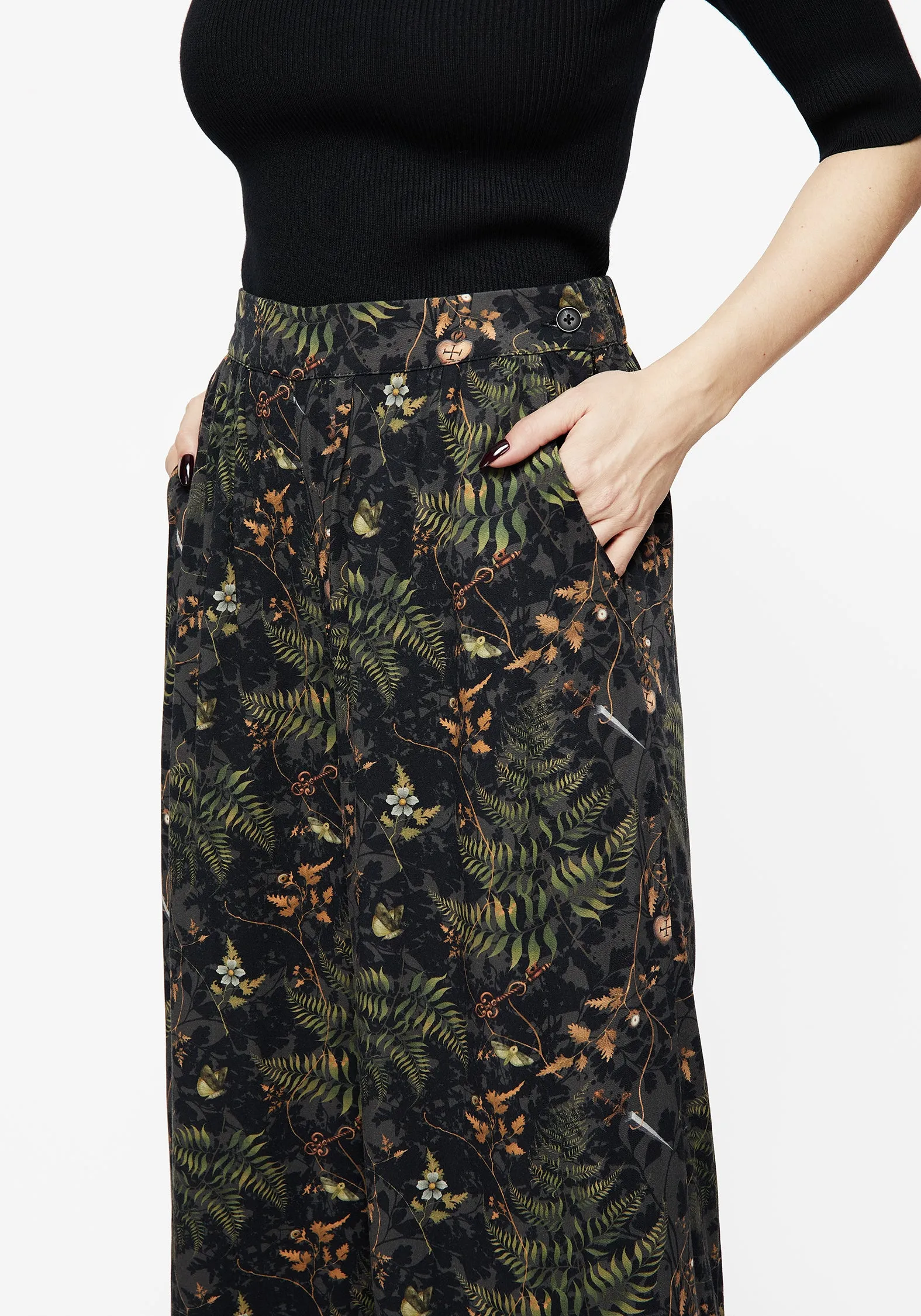 Wither Fern Print Wide Leg Trousers Effortless Layer Wrinkle Resistant