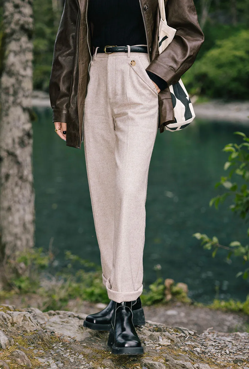 elastic waistband DoubleStitched Seams Reign Wool Pants - Oatmeal