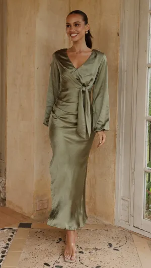 Ivy Long Sleeve Tie Front Maxi Dress - Olive Patch Glow Print Allover