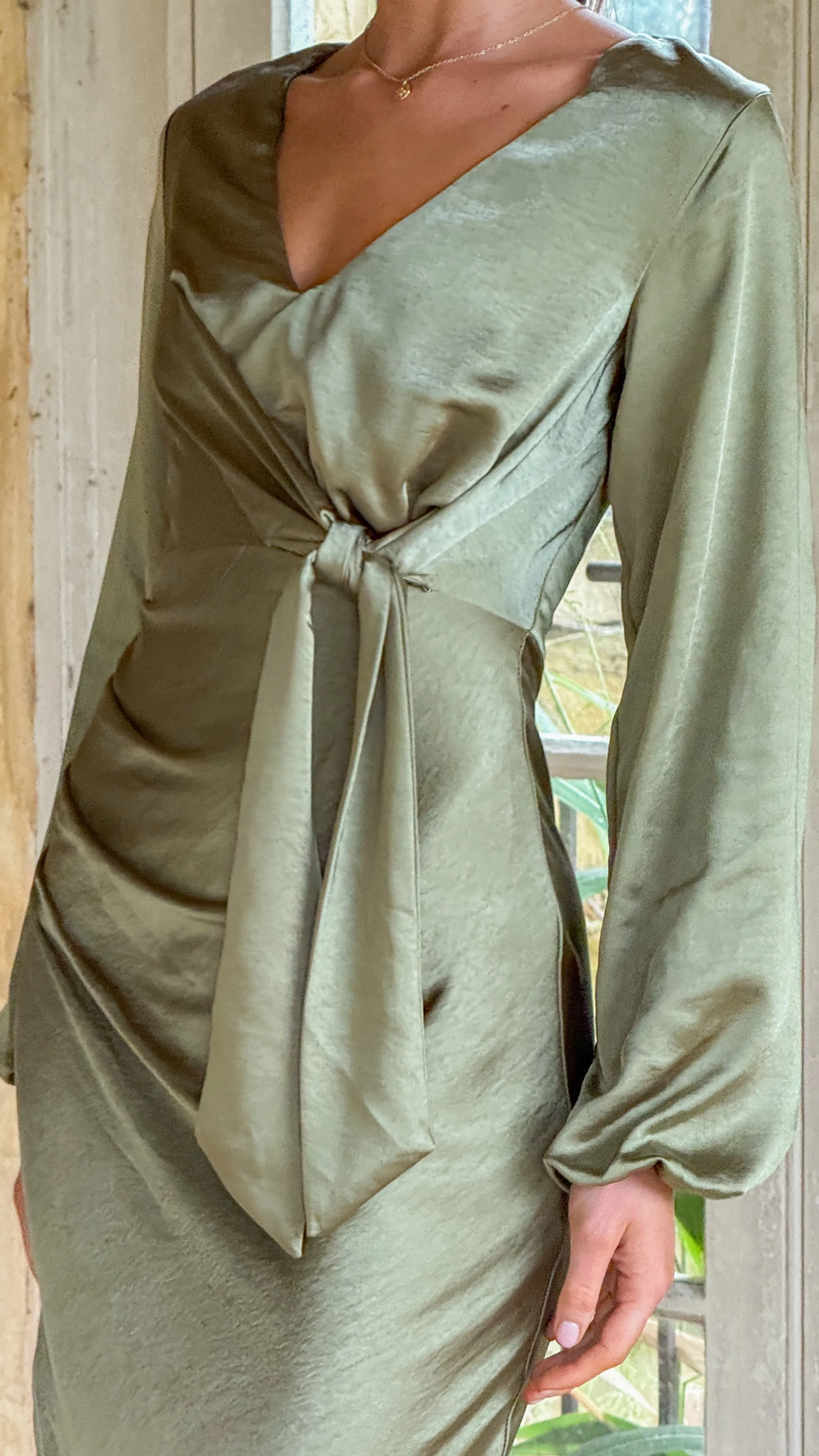 Ivy Long Sleeve Tie Front Maxi Dress - Olive Poetic Move