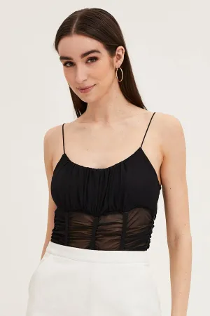 Black Sleeveless Corset Look Waist Detail Mesh Bodysuit Cozy Dress