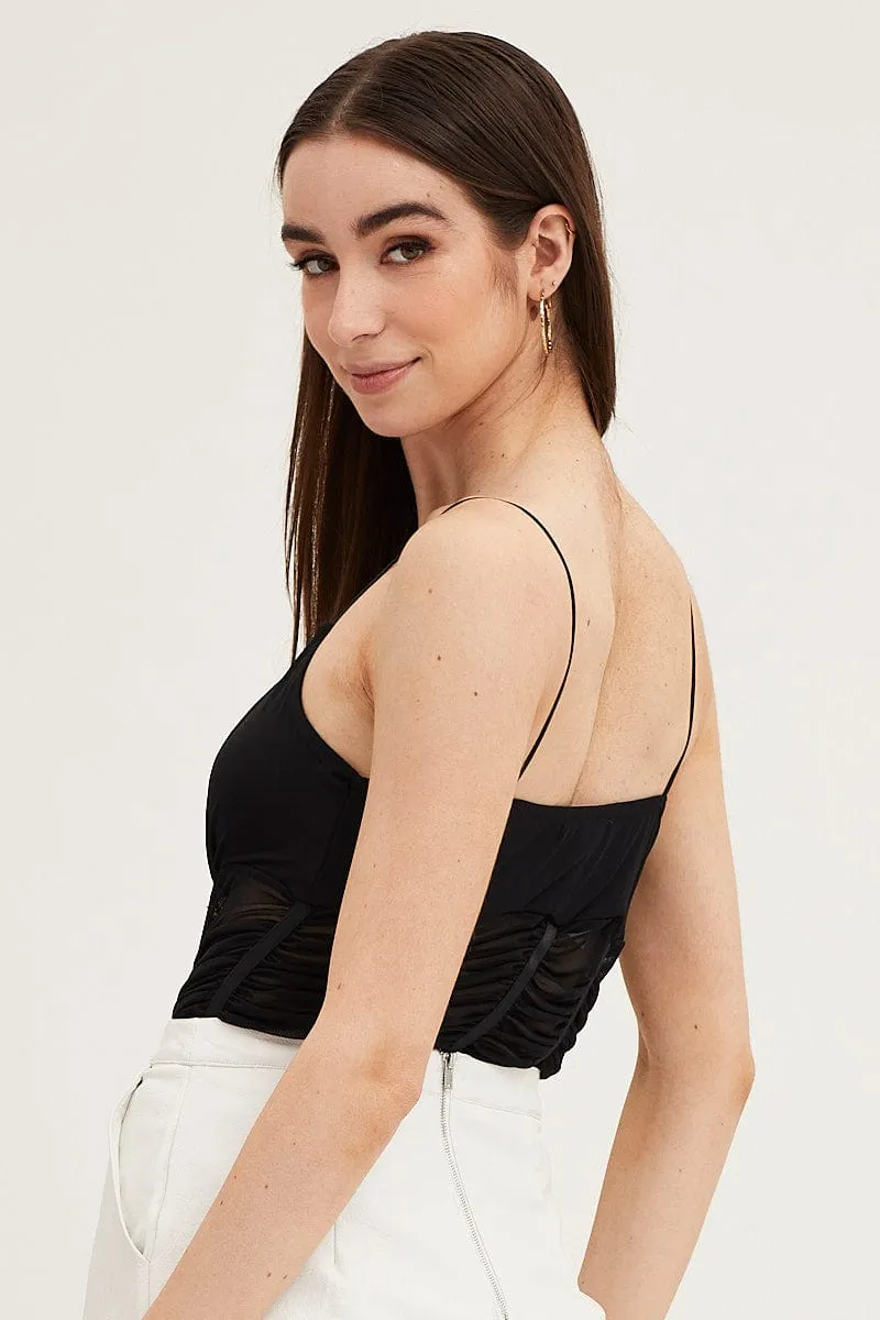 Black Sleeveless Corset Look Waist Detail Mesh Bodysuit Comfortable Hoodie