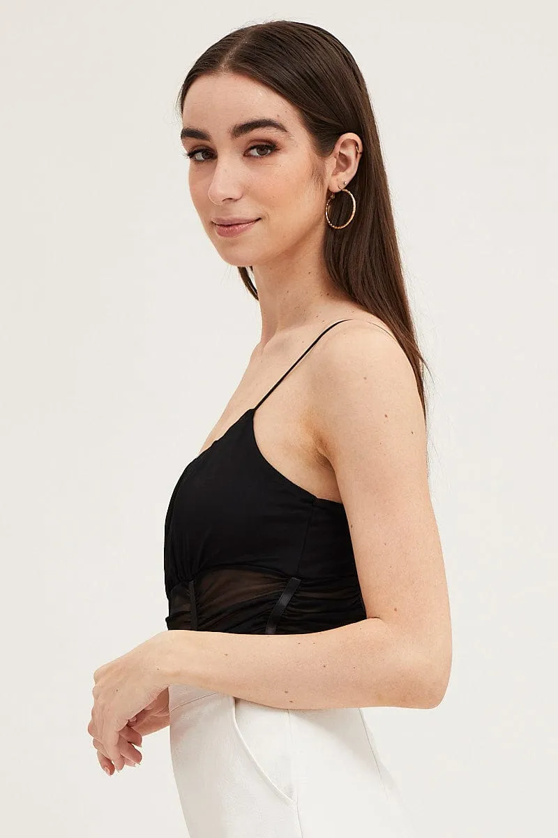 Smile Glow Ventilation Panels Black Sleeveless Corset Look Waist Detail Mesh Bodysuit