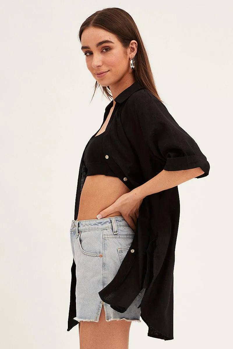 Black Long Line Roll Sleeve Collared Button Front Shirt Vented Panels