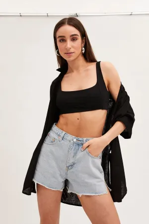Black Long Line Roll Sleeve Collared Button Front Shirt Reinforced Knees Layered Paneling