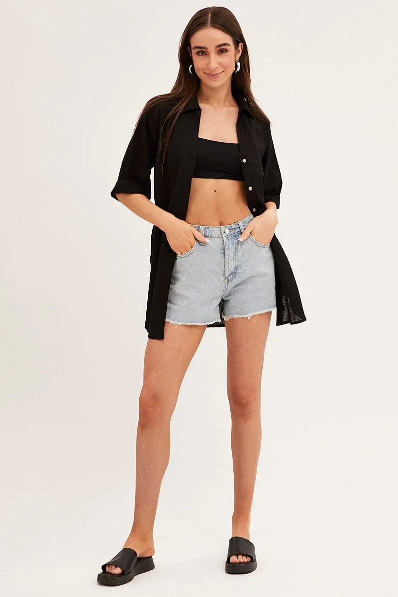Road Soul Black Long Line Roll Sleeve Collared Button Front Shirt