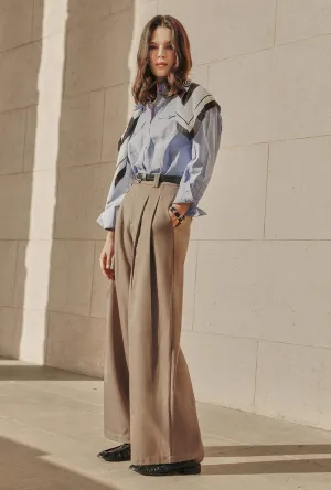Carlo Wool Blend Wide Pants - Camel Sheer Glow Tencel Blend Fabric