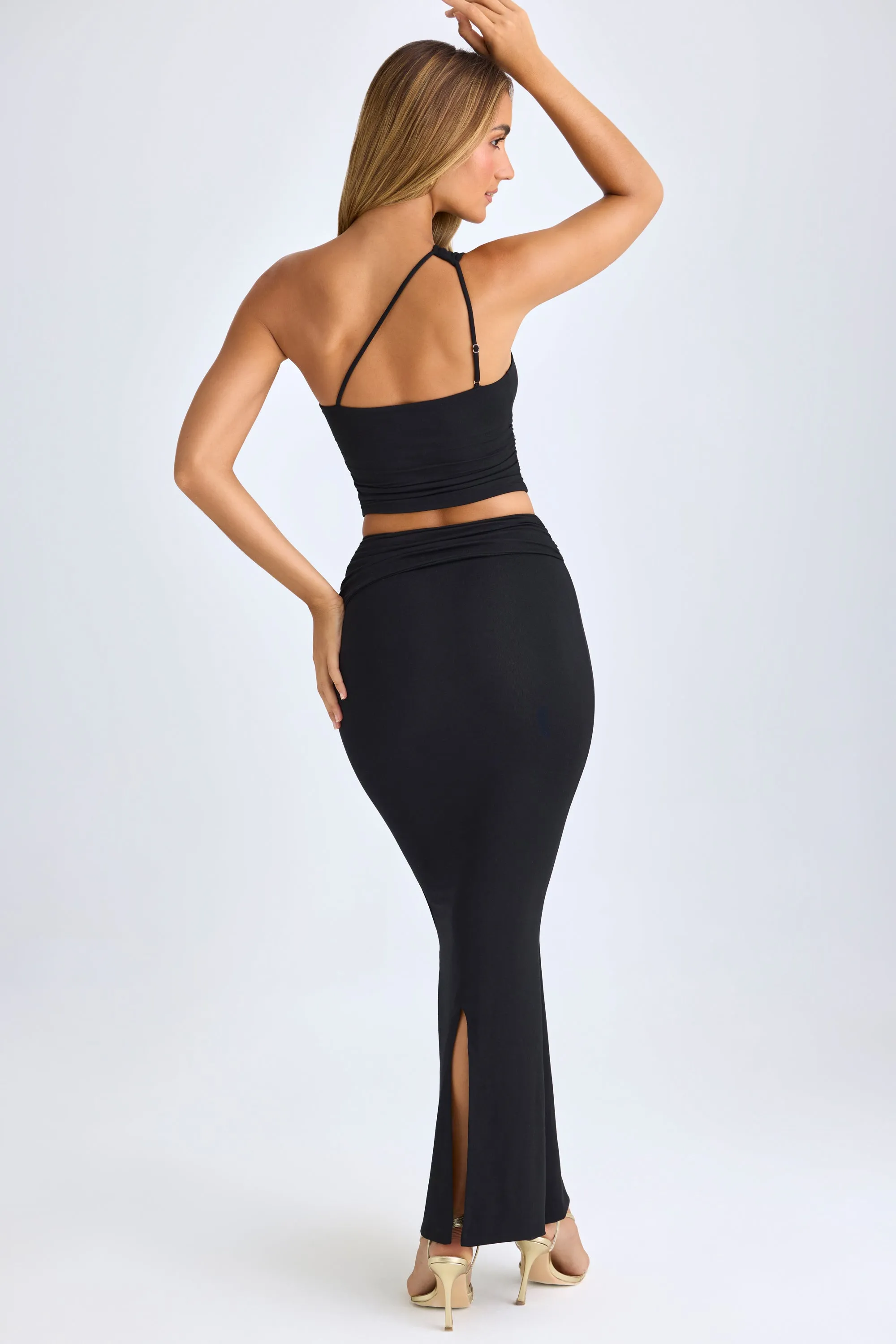 Foil Print Seamless Finish Modal Twist-Front Maxi Skirt in Black