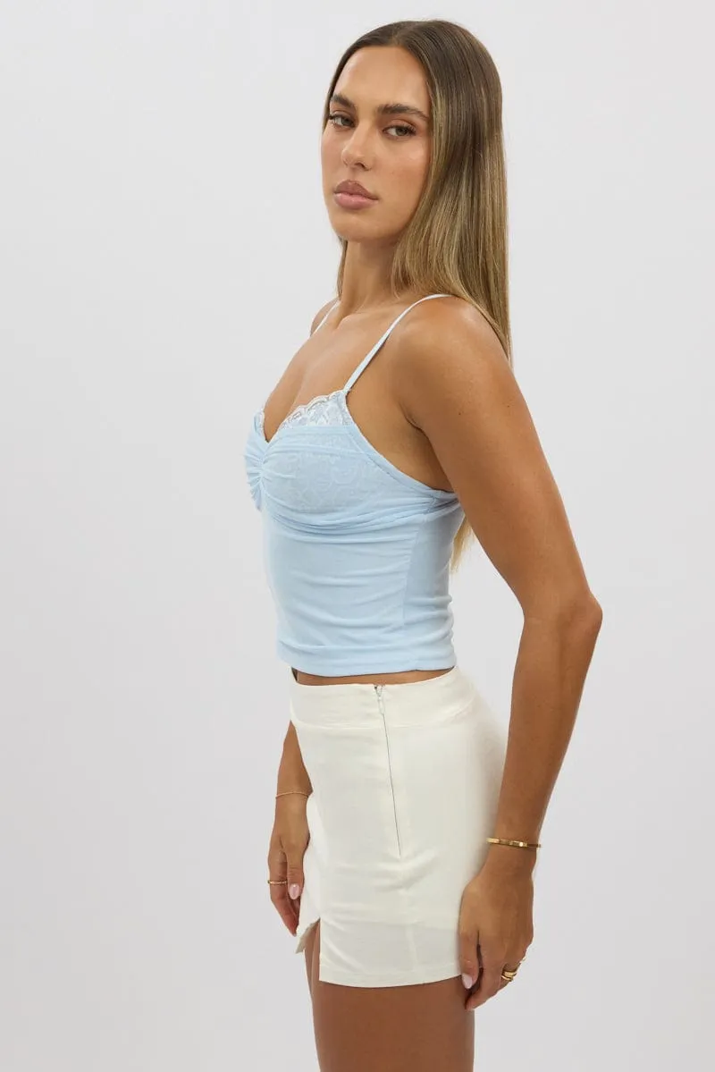 Street Style Winter Fashion Blue Mesh Singlet Top Lace Insert