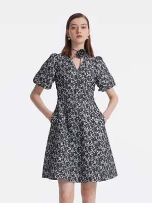 Perfect For Summer Night Out Jacquard Puff Sleeves V-Neck Women Mini Dress With 3D Rose Belt