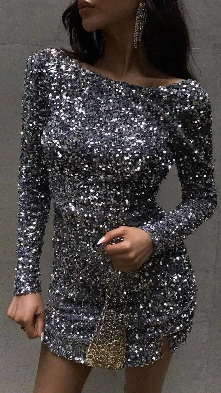 Felicia Mini Dress - Silver Cozy Look Pleated Texture Effect