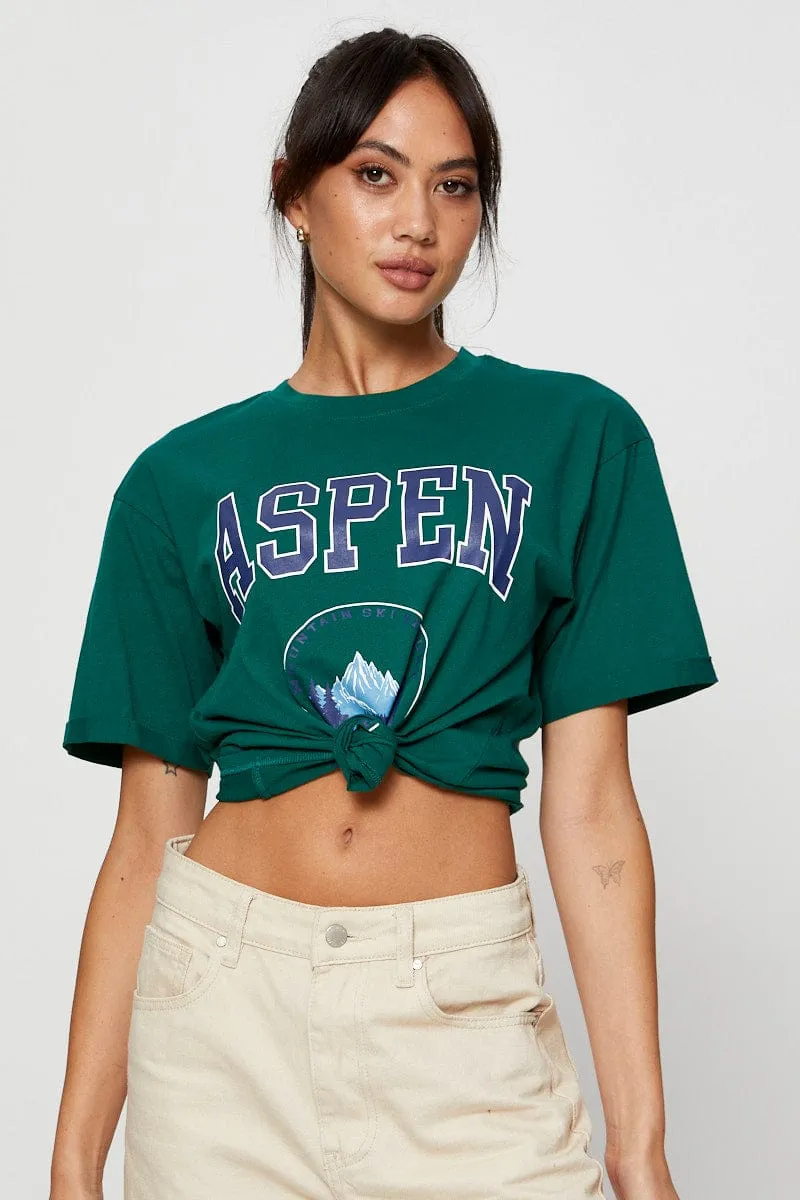 Green Graphic T-Shirt Short Sleeve Casual Wear