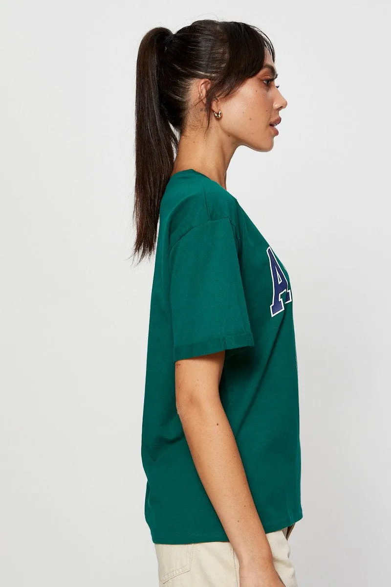 Green Graphic T-Shirt Short Sleeve No Shrink Technology