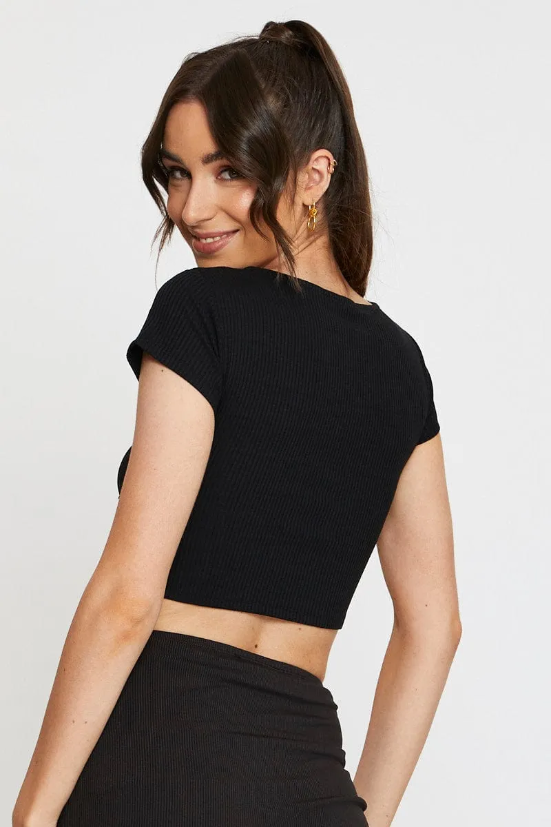 Smooth Yarn Daily Wear Black Crop Top Short Sleeve