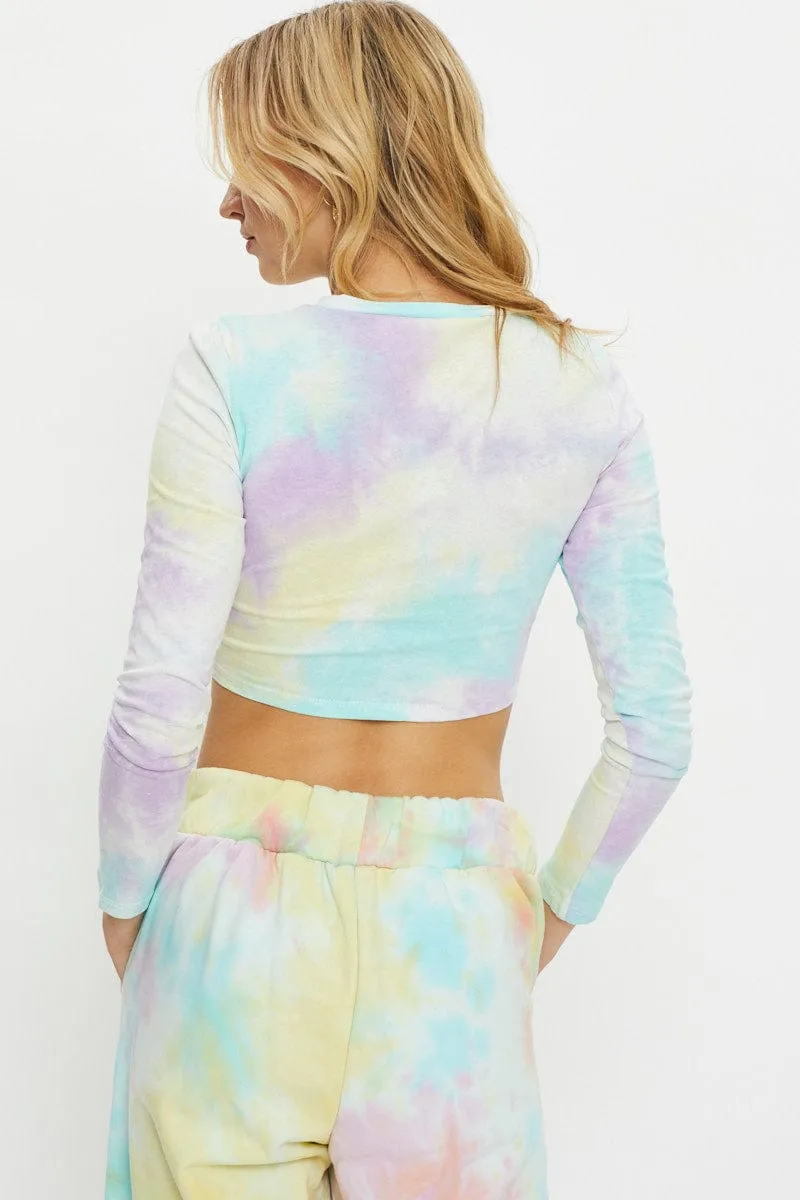 Multi Long Sleeve Tie Dye Jersey Knot Front T Shirt Fashion Dress