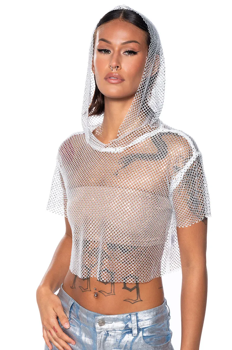 consumer preference NORTH STAR RHINESTONE MESH HOODED CROP TOP IN WHITE