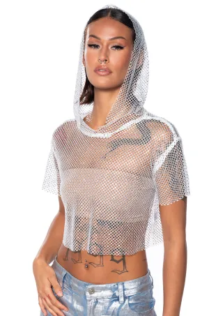 consumer preference NORTH STAR RHINESTONE MESH HOODED CROP TOP IN WHITE