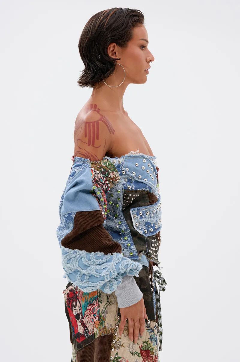 Warm CALL ME CRAZY PATCHWORK OFF THE SHOULDER SWEATSHIRT