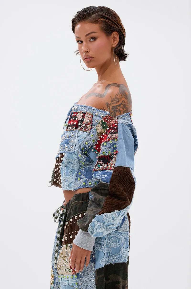 CALL ME CRAZY PATCHWORK OFF THE SHOULDER SWEATSHIRT product graffiti urbanity