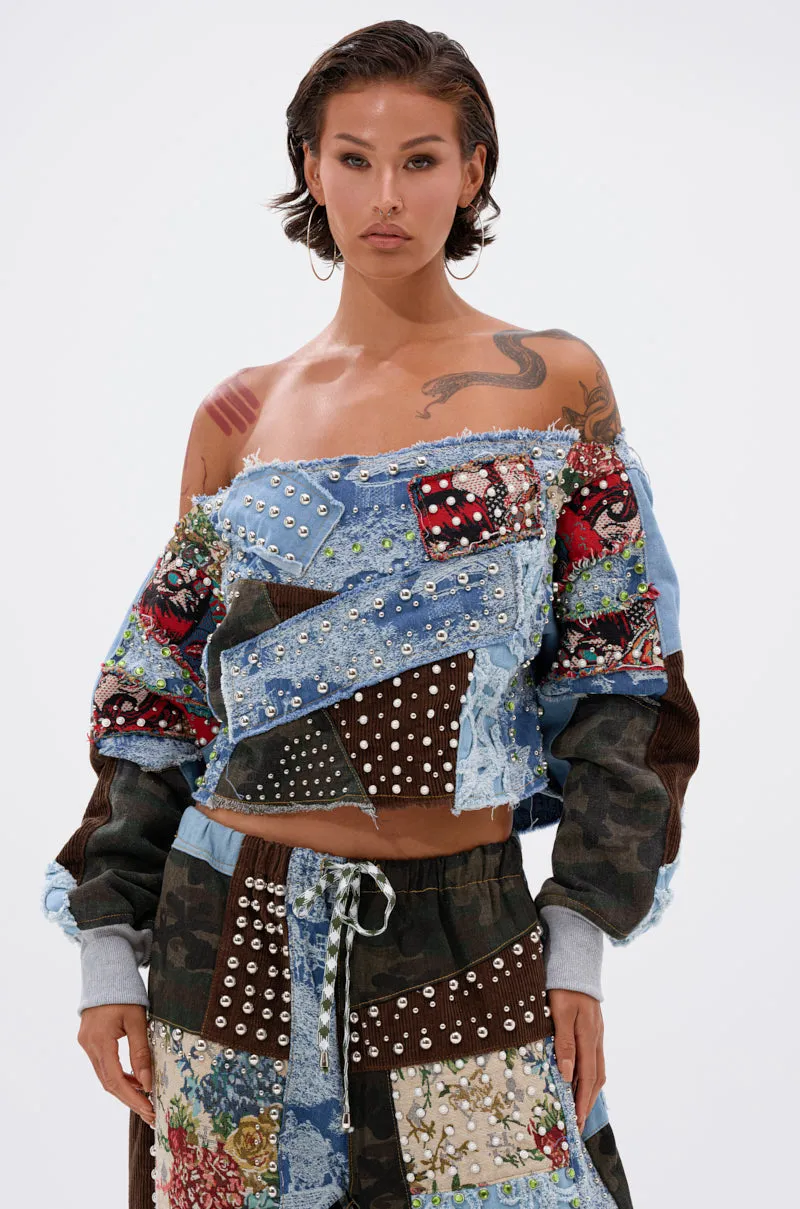 Essential Sporty Spring Wear CALL ME CRAZY PATCHWORK OFF THE SHOULDER SWEATSHIRT