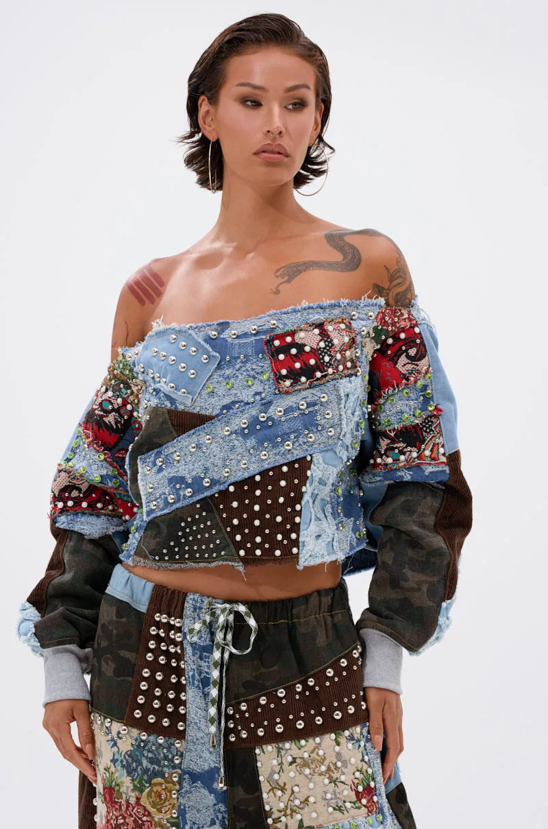 Beach Wear CALL ME CRAZY PATCHWORK OFF THE SHOULDER SWEATSHIRT