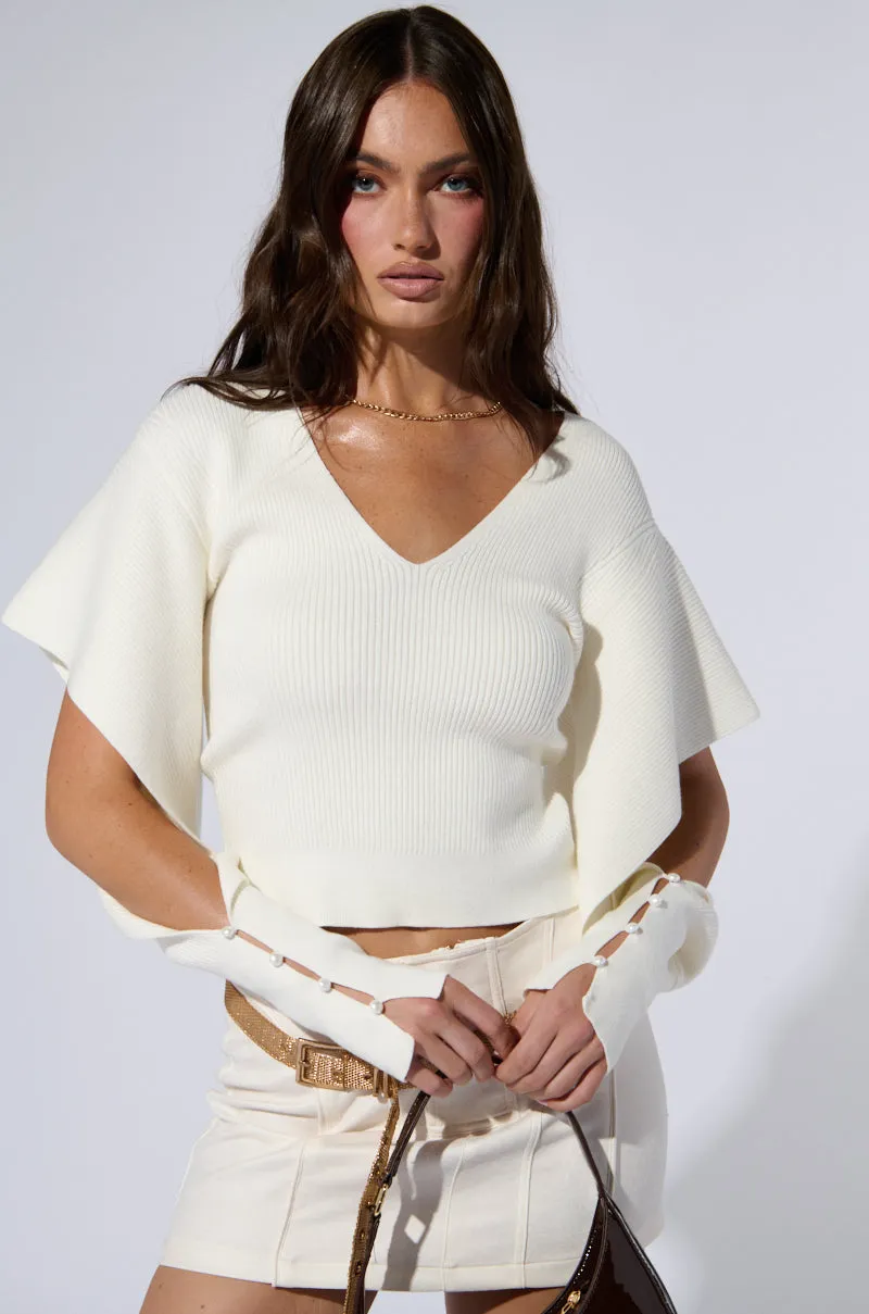 lace accents MELANIA LONG SLEEVE FLUTTER SLEEVE SWEATER
