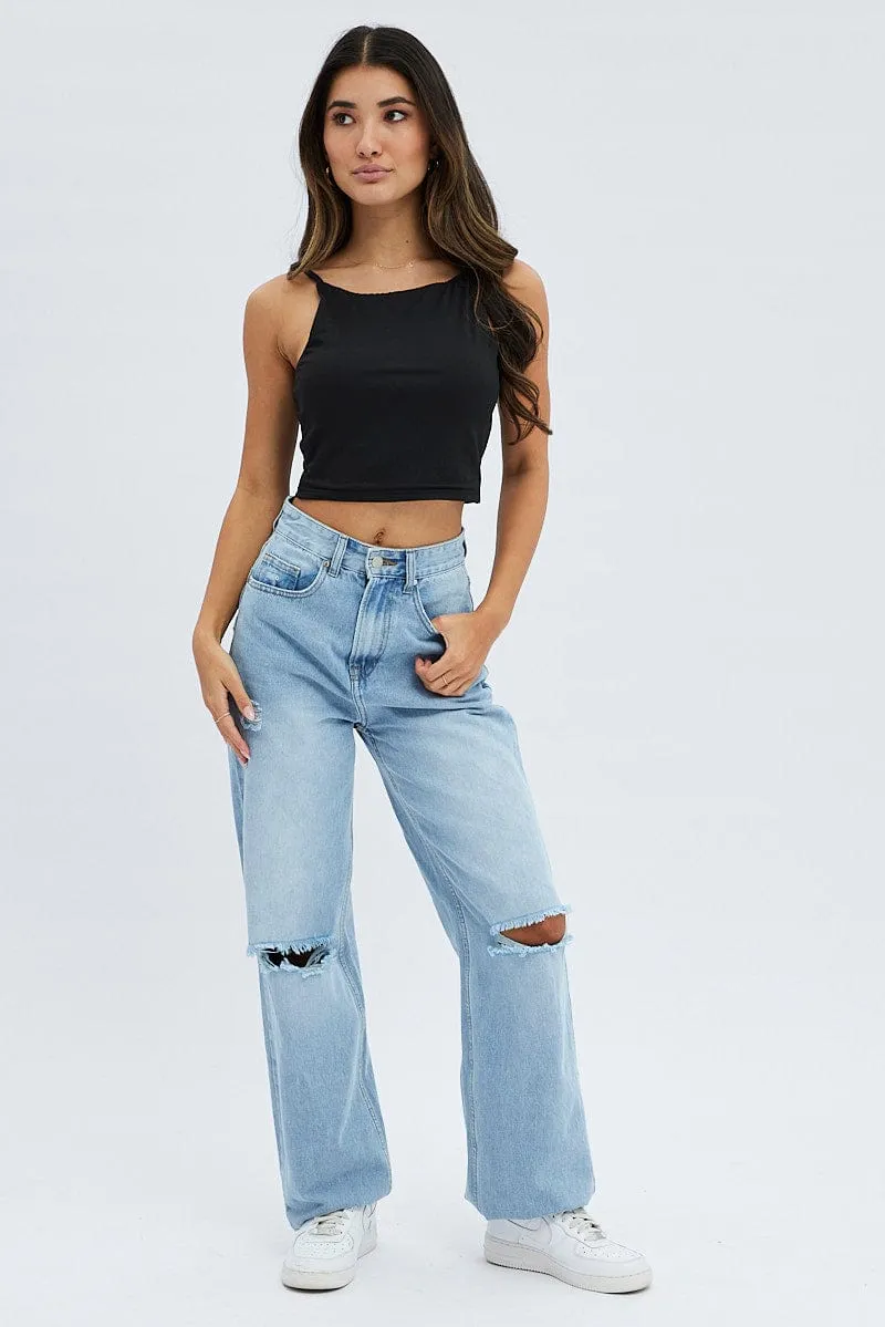 Versatile Design Black Cotton Stretch High Neck Cropped Singlet