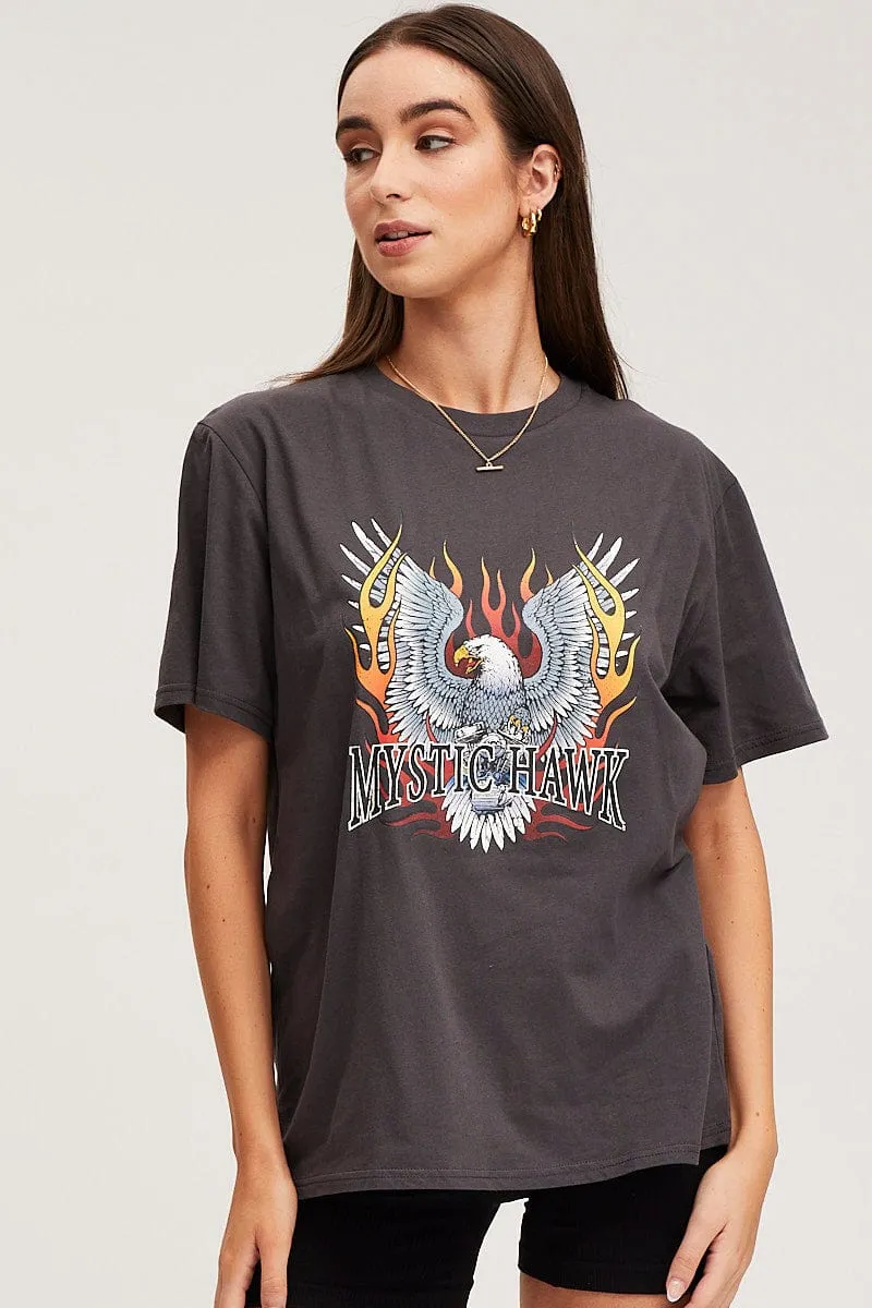 Black Graphic T Shirt Short Sleeve Boyfriend Functional Fit Sun Protection Fabric
