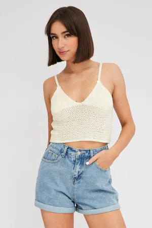 Warm Knit Beige Crochet Singlet Top V Neck