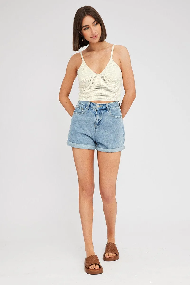 Vintage Style SeamlessPockets Beige Crochet Singlet Top V Neck