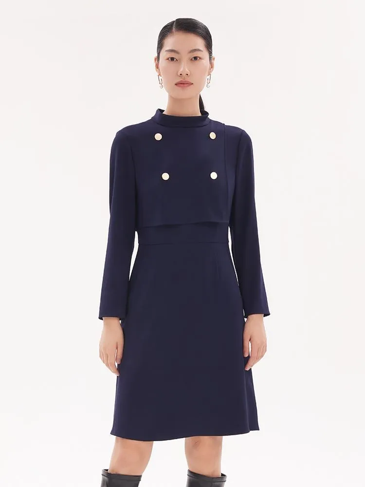Triacetate Stand Collar Gathered Waist Midi Dress Simple Vibe Pop Glow